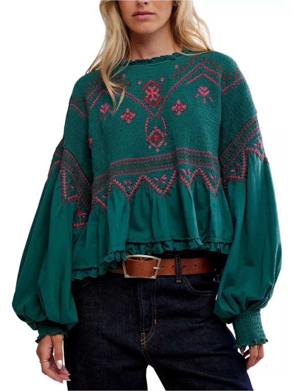 Free People Holly Smocked Embroidered Top – Green/Pink – Size Small